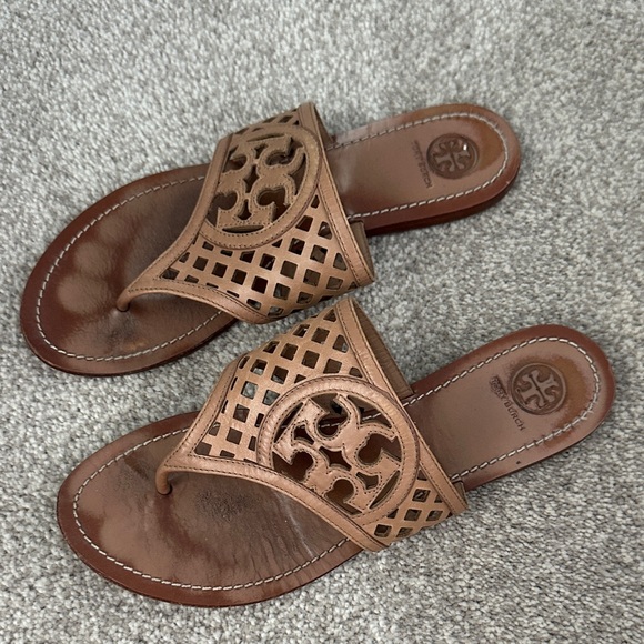 Tory Burch Shoes - Tory Burch Tan Leather Cutout Miller Slide Sandals